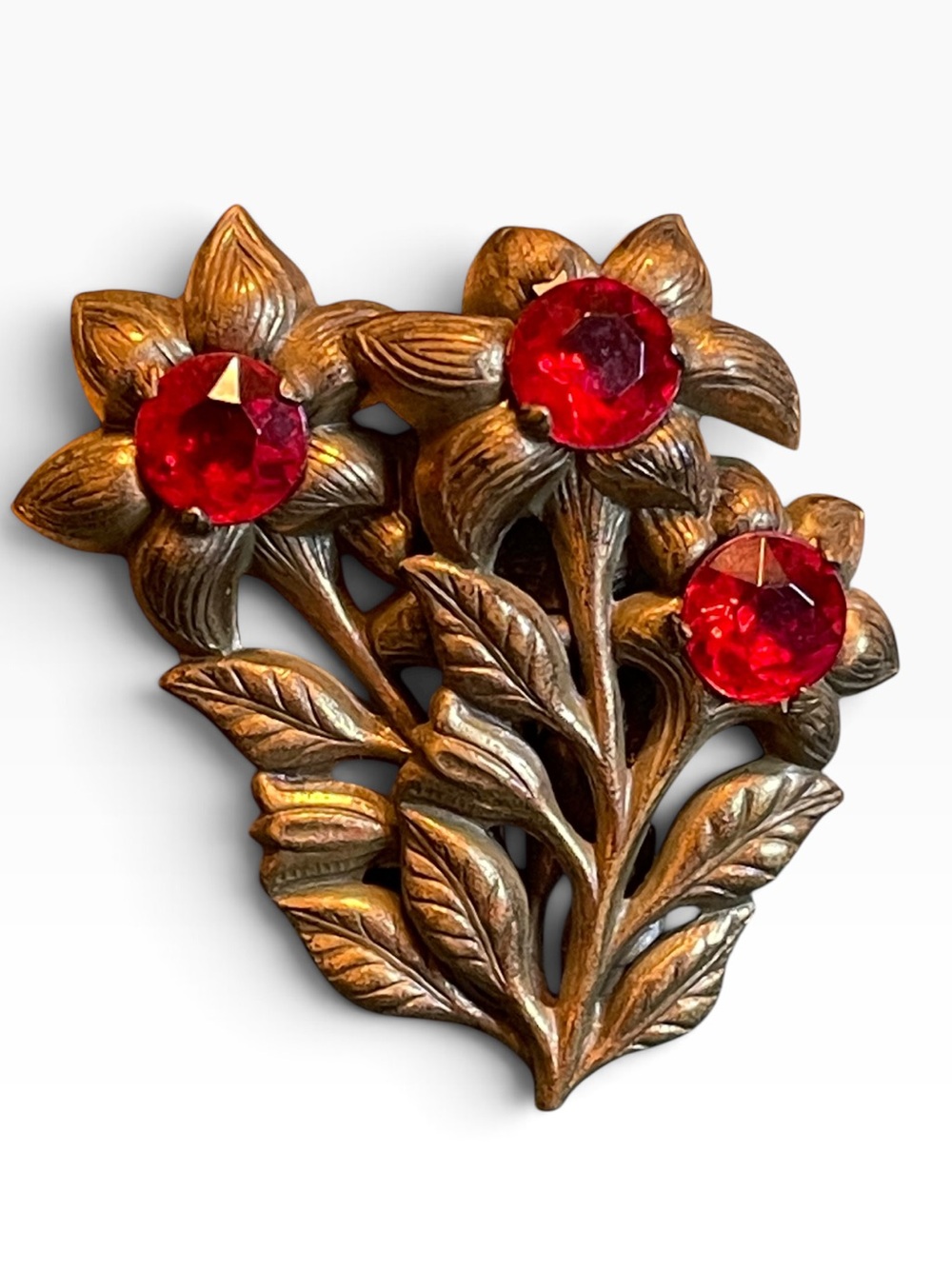 Vintage Textured Brass Red Rhinestone Floral Bouquet Brooch